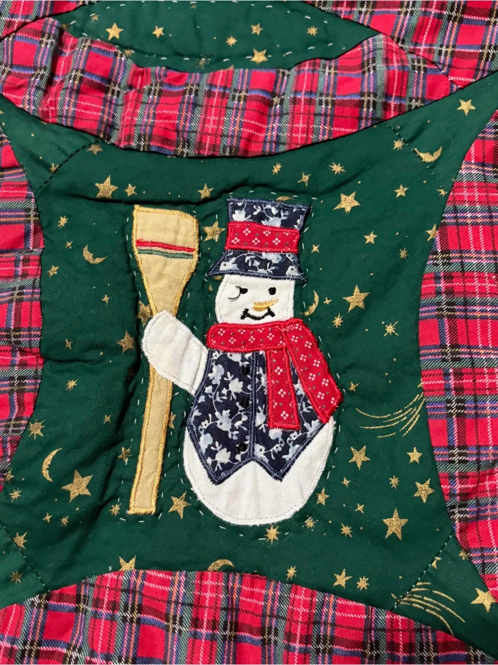 Vtg Hand-Sewn Christmas Quilt Double Wedding Ring Red Green Snowman Train 62x49